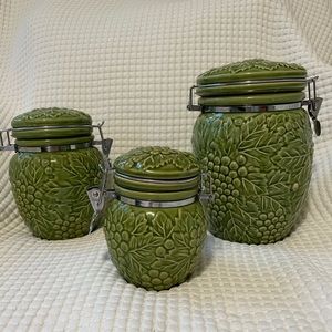 Vintage Majolica Green Ceramic 3 piece canister set.